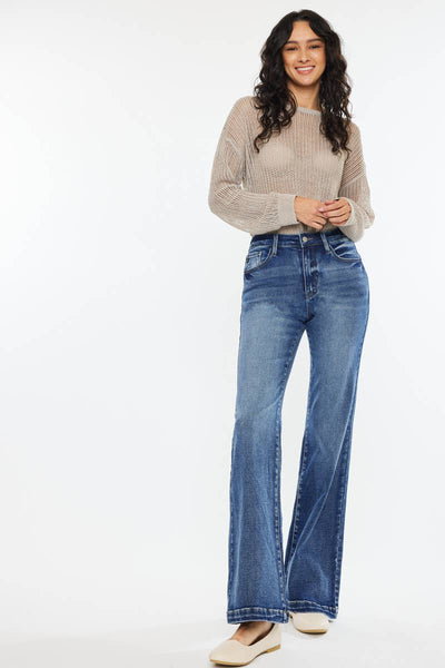 Kan Can High Rise Wide Leg Flare Jeans Dark Wash