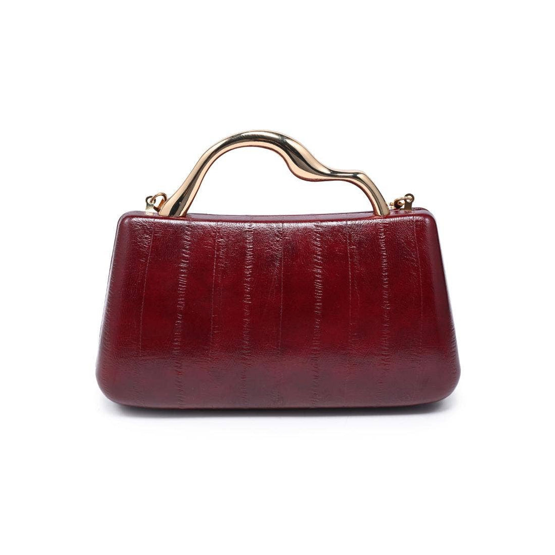 Nichelle clutch burgundy glossy handbag with textured vertically ribbed surface and gold-toned curved handle