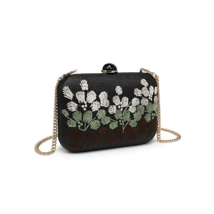 Black roley evening bag clutch with white and green embroidered floral design and gold chain strap