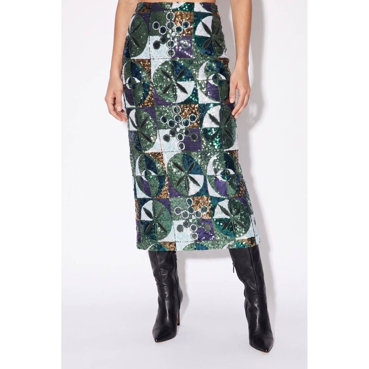 A high-waisted sequin embellished skirt with patchwork circular motifs in green purple gold and white