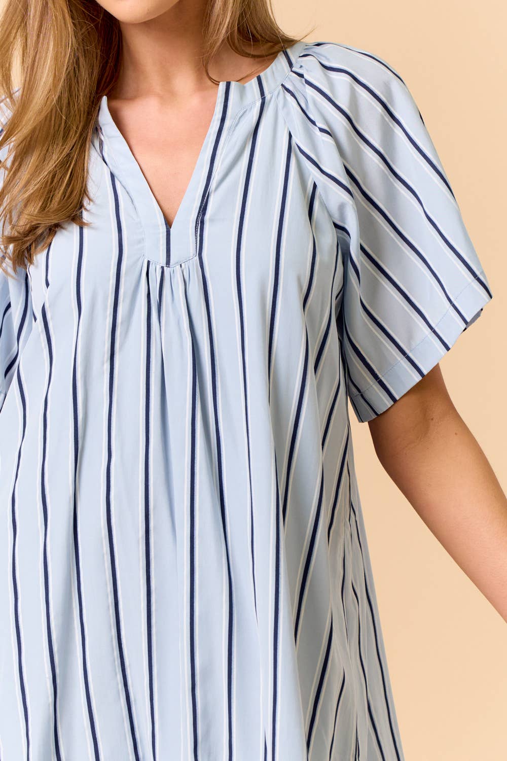 Striped Deep V-Neckline Mini Dress Light Blue