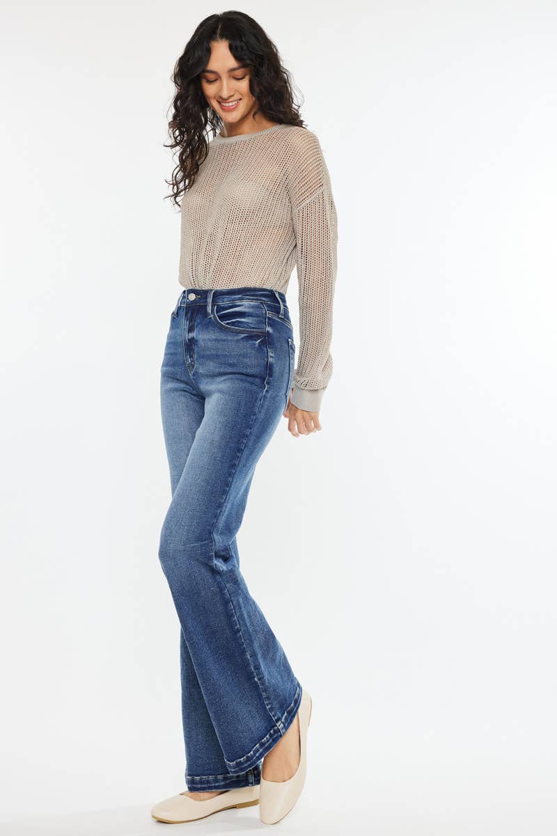Kan Can High Rise Wide Leg Flare Jeans Dark Wash