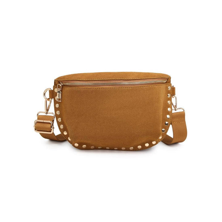 Gizelle-suede belt bag tan with gold-tone studs and matching adjustable strap in tan suede material