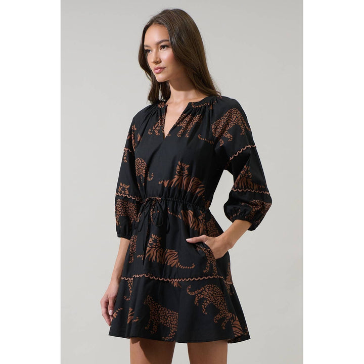 Black dress with brown tiger print and three quarter length sleeves from zenzi jungle mini dress collection