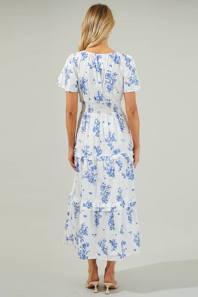 Sugarlips - Bestia Floral Palmer Poplin Tiered Maxi Dress: CreamBlue