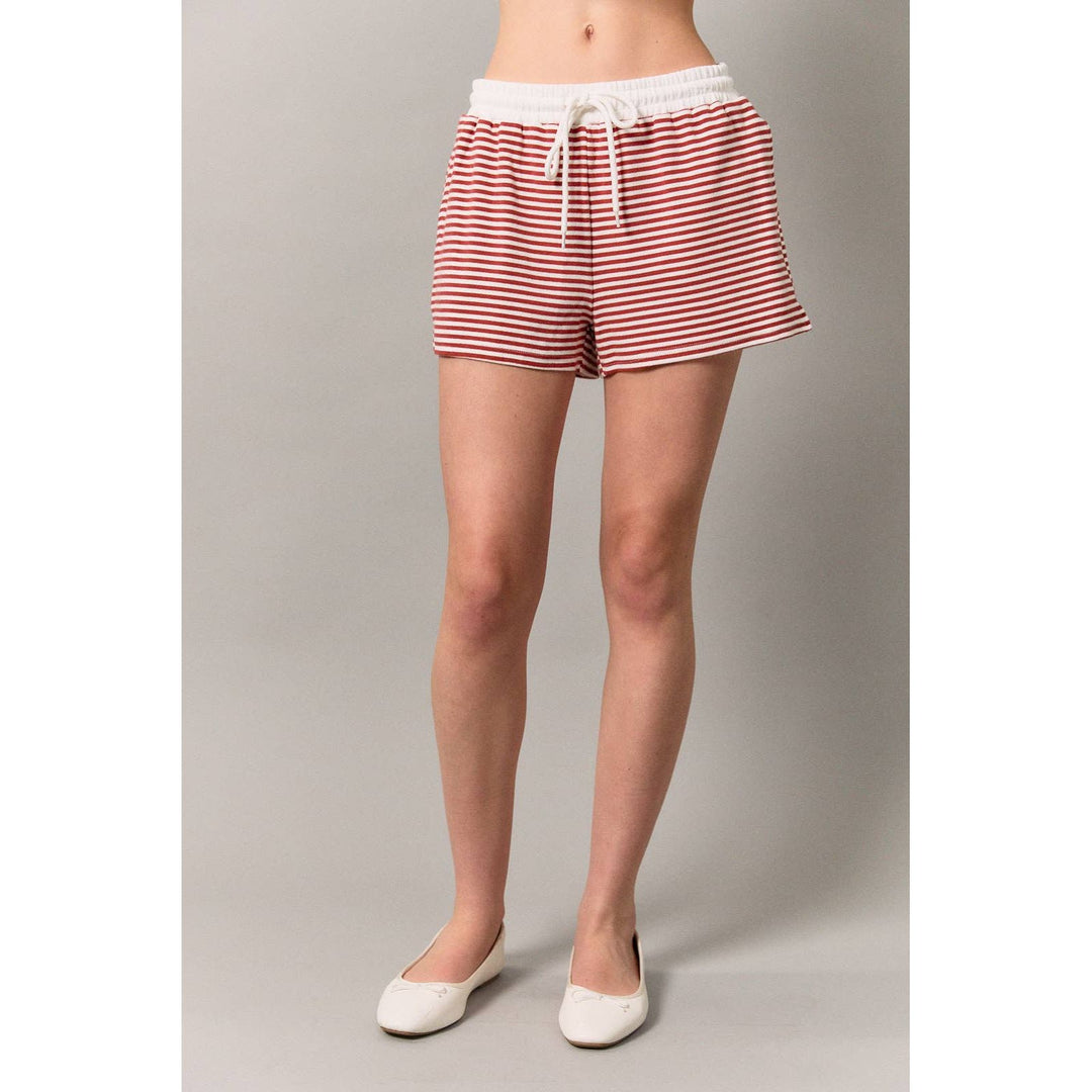 Striped Drawstring Mid Rise Knit Shorts