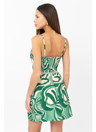 Runa Leaf Print Plisse Mini Dress