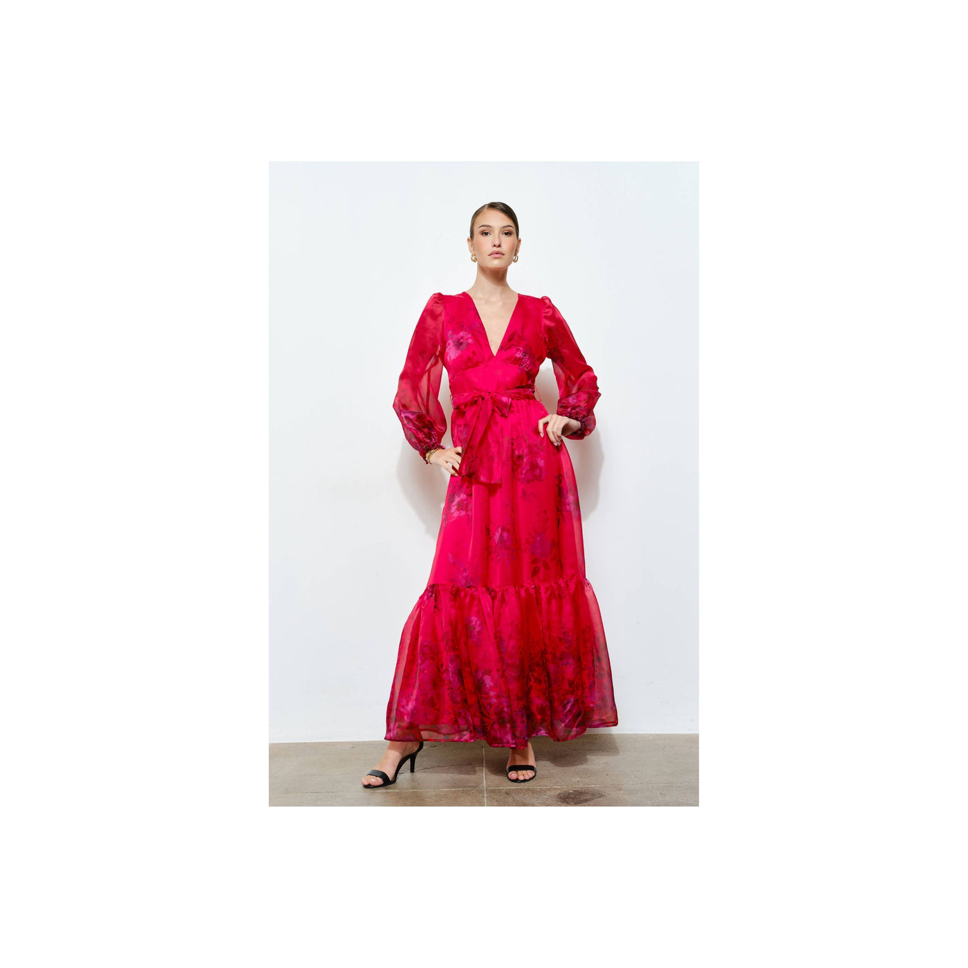 INA Floral Print Organza Red Maxi Dress