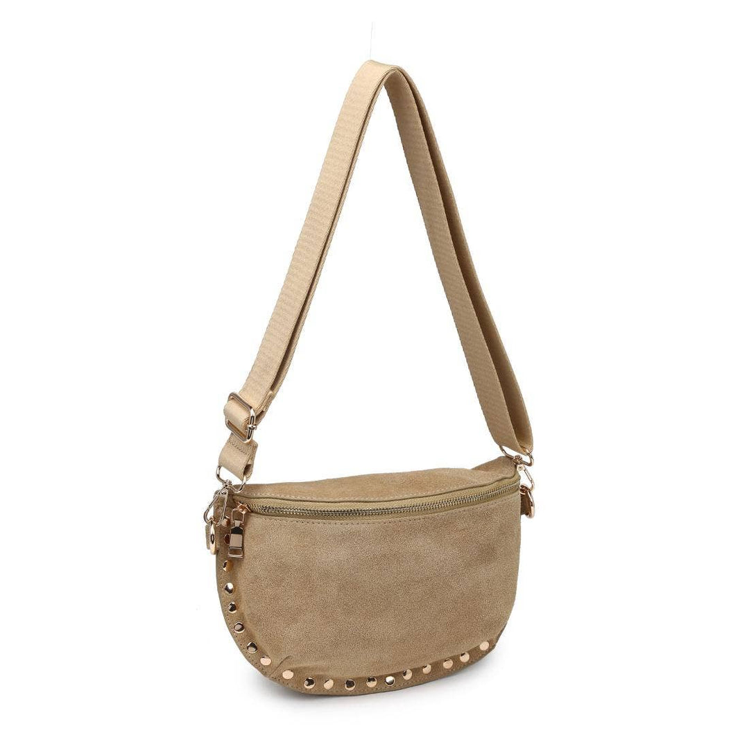 Beige suede studded crossbody belt bag with gold-tone hardware designed for hands-free convenience bone color