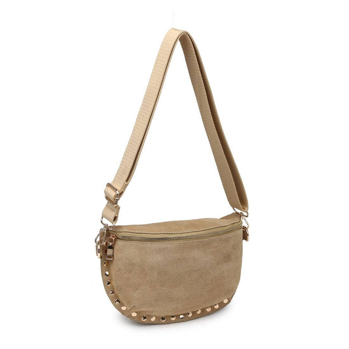 Beige suede studded crossbody belt bag with gold-tone hardware designed for hands-free convenience bone color