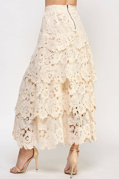 Ellison - TS-9996-6 EYELET TIERED RUFFLE MAXI SKIRT CREAM: S