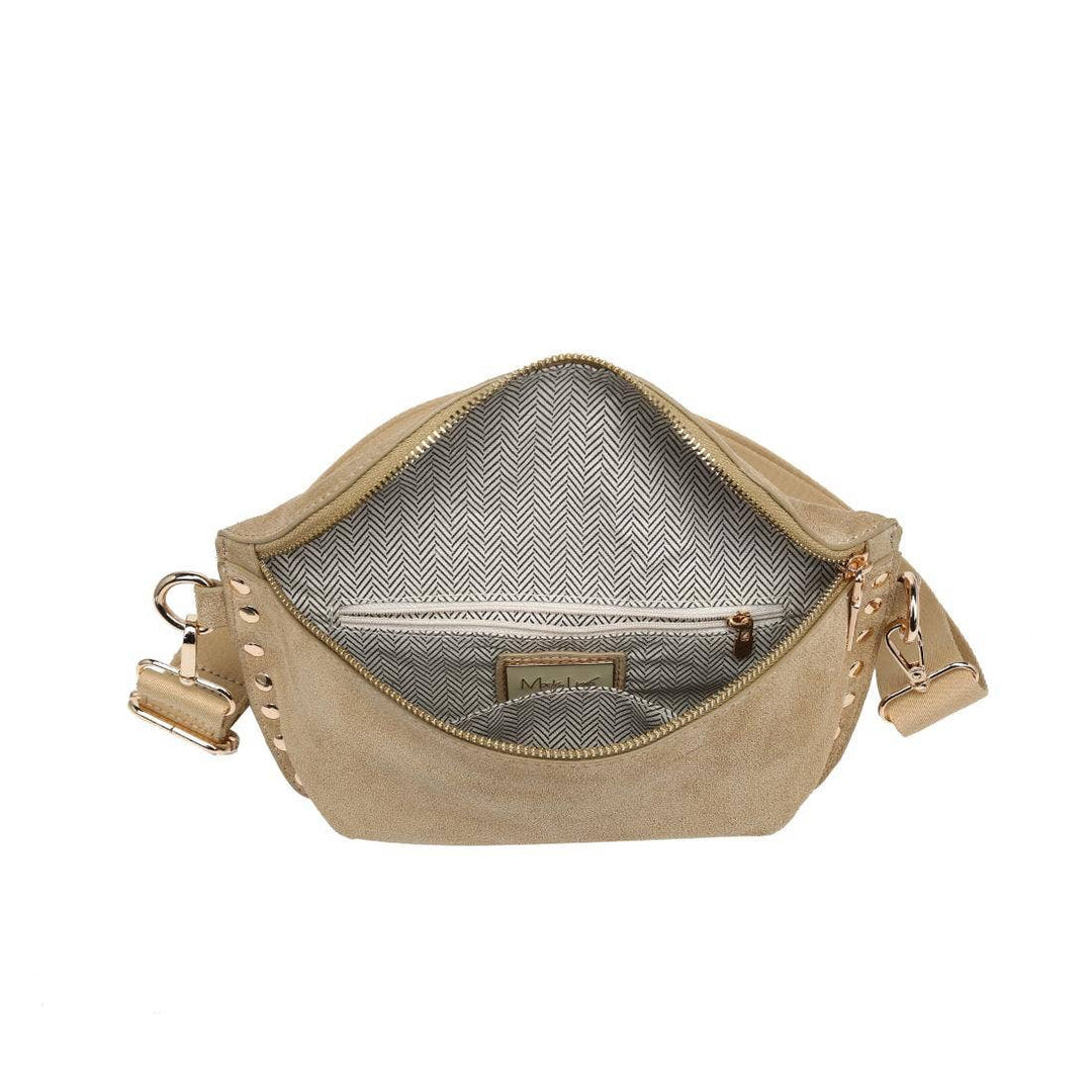 Beige suede gizelle-suede belt bag with gold-tone studs and herringbone-patterned interior lining