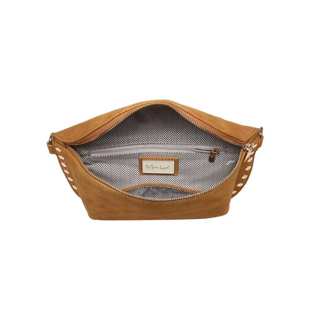 Tan suede gizelle belt bag with gold-tone studded strap and herringbone-patterned interior lining