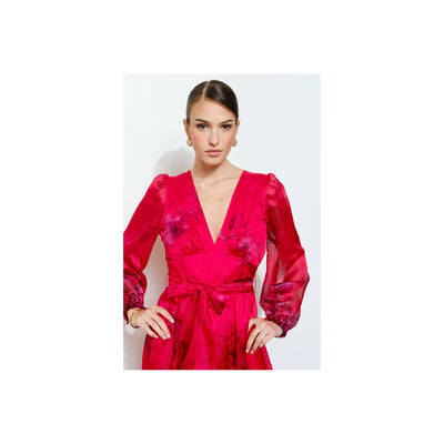 INA Floral Print Organza Red Maxi Dress
