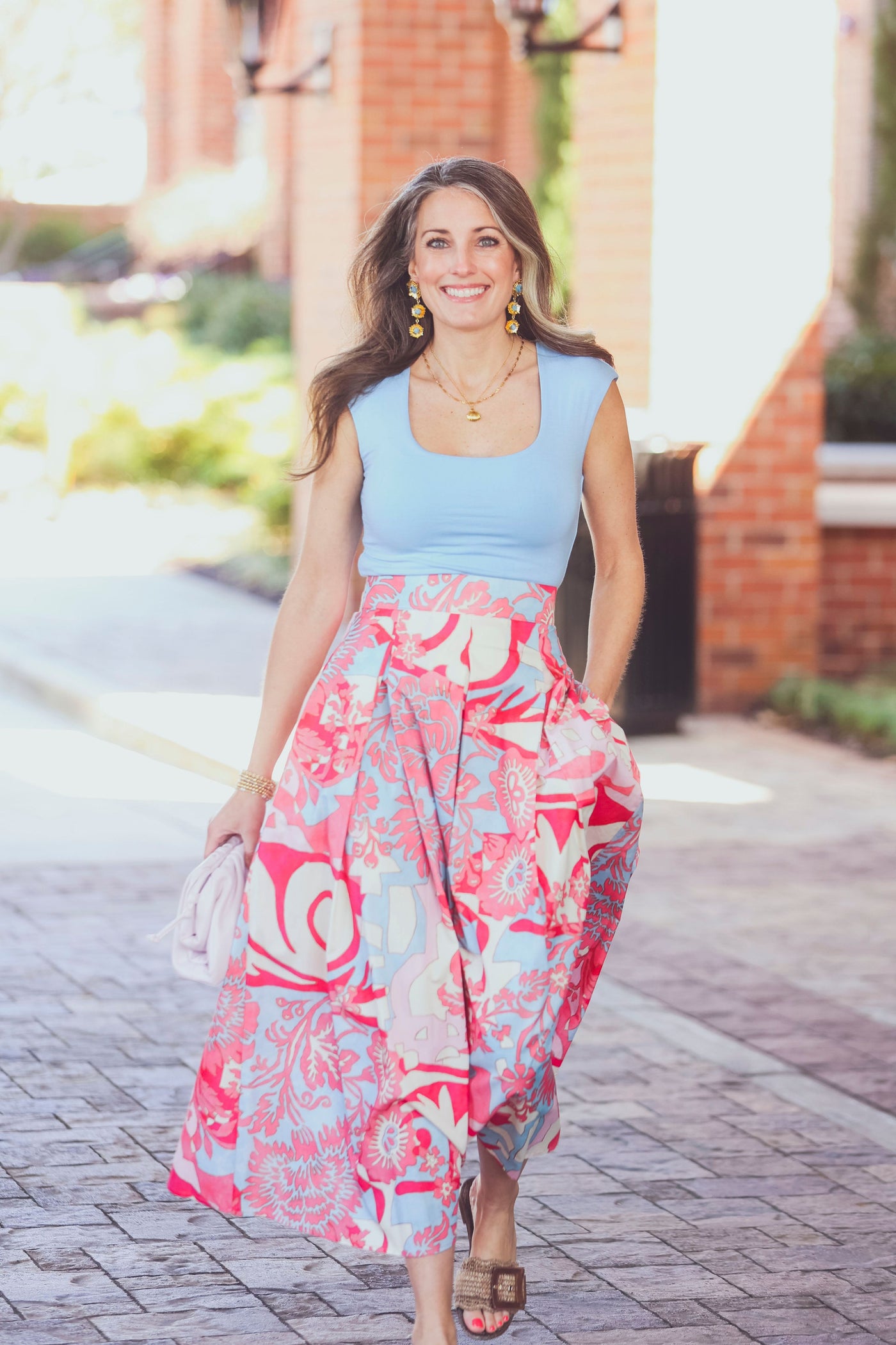 Milva MI Red, Pink, White Print Midi Skirt