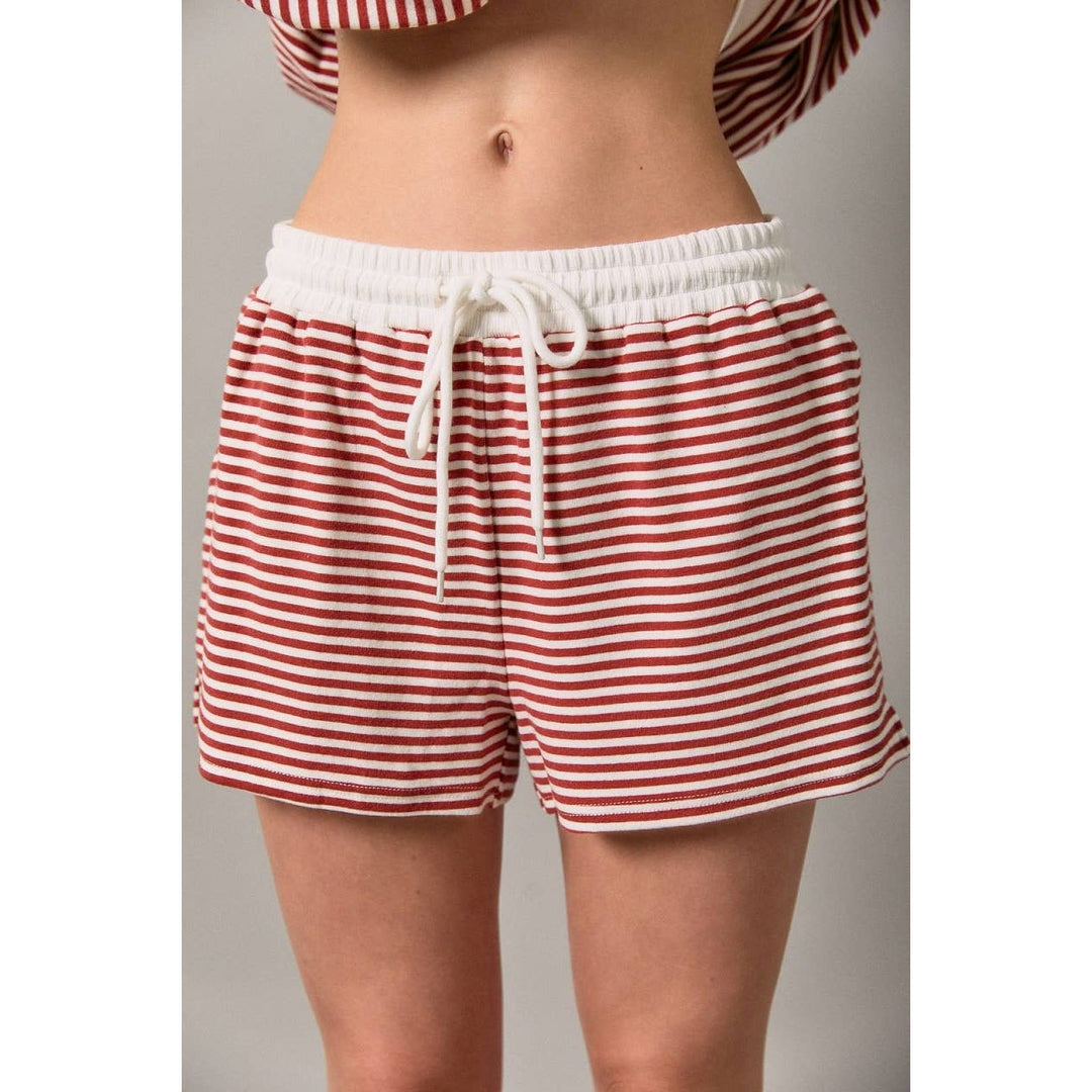 Striped Drawstring Mid Rise Knit Shorts