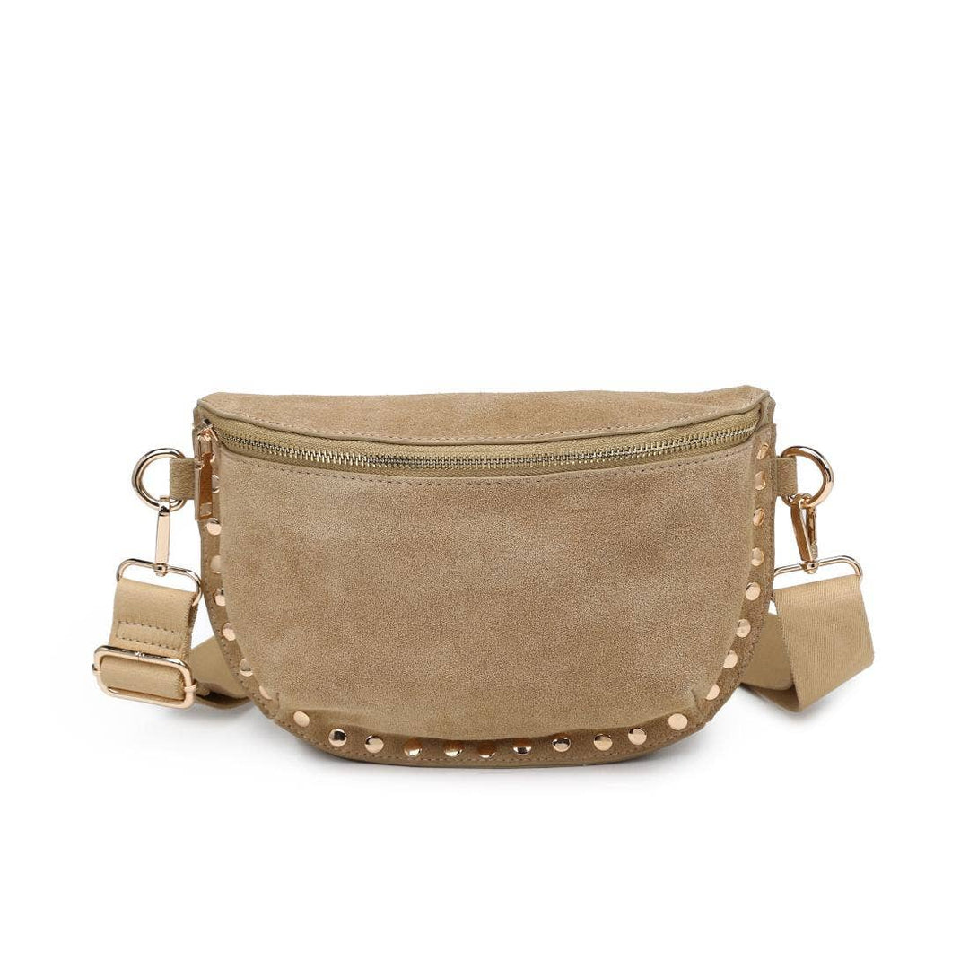 Beige suede gizelle belt bag with gold-tone studs and adjustable strap in bone color for hands-free use