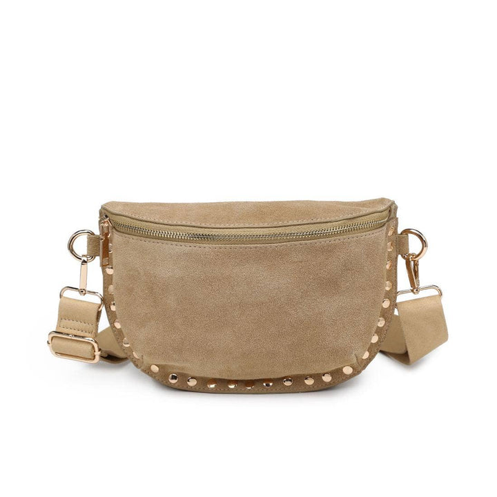 Beige suede gizelle belt bag with gold-tone studs and adjustable strap in bone color for hands-free use