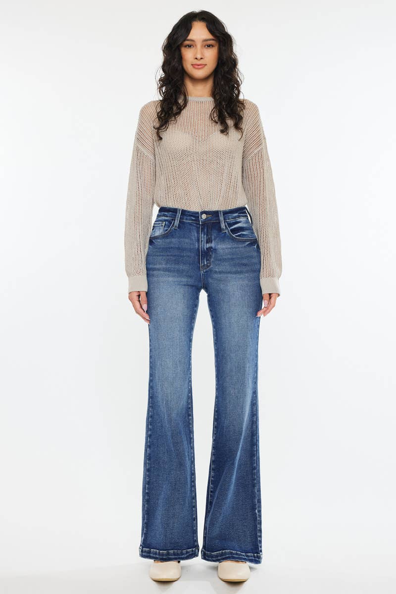 Kan Can High Rise Wide Leg Flare Jeans Dark Wash