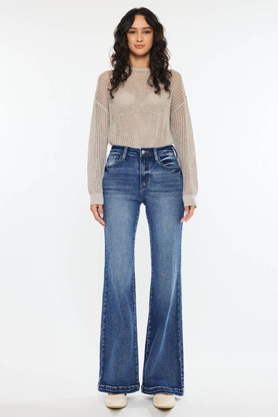 Kan Can High Rise Wide Leg Flare Jeans Dark Wash