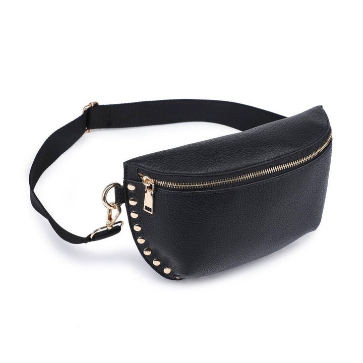 Gizelle belt bag black faux leather fanny pack with gold-tone zipper and studded trim for stylish carrying