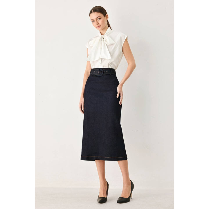 Denim pencil skirt in navy blue with a straight cut and subtle contrast stitching along the hem