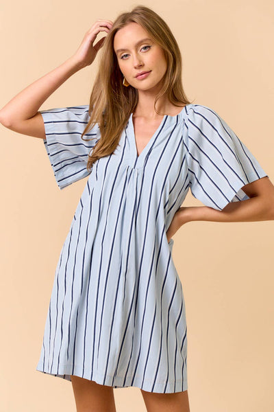 Striped Deep V-Neckline Mini Dress Light Blue
