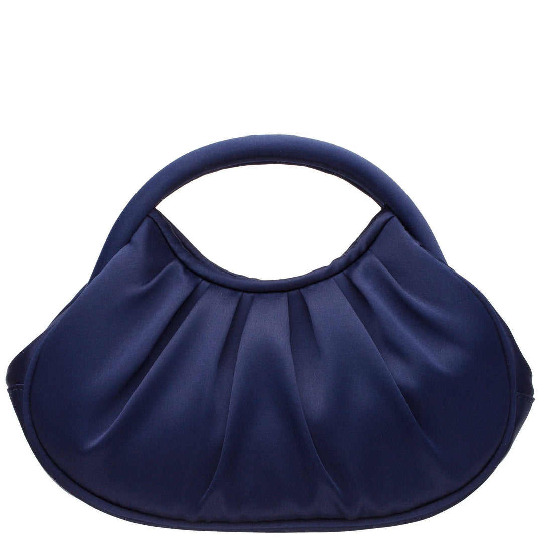 A navy blue satin Bren evening bag with a rounded top handle and pleated body for elegant occasions