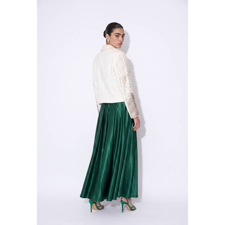 Emerald green glossy satin maxi skirt with high waist and pleated design for elegant wear