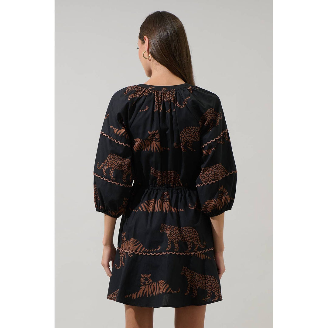 Black zenzi jungle mini dress with bold brown leopard print pattern and puffed sleeves in lightweight fabric