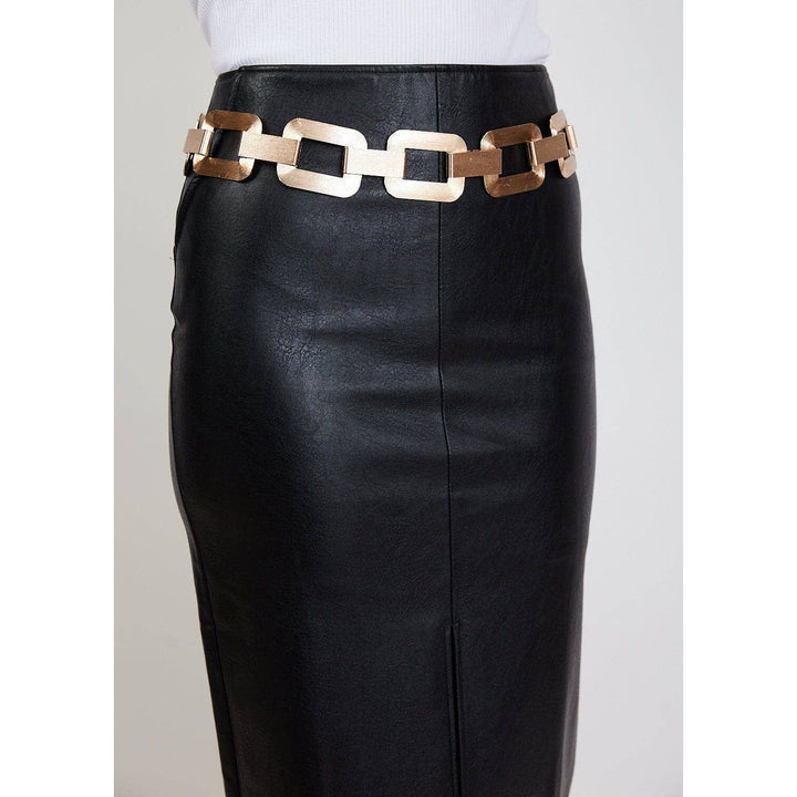 Gold-toned large link chain belt with sleek modern rectangular links made of metal for stylish waist accessorizing