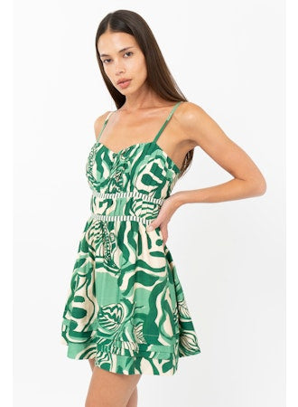 Runa Leaf Print Plisse Mini Dress