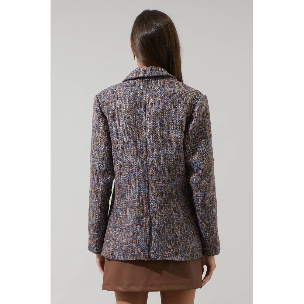 Tweed oversized blazer in muted brown and gray textured tweed with classic collar and tailored fit