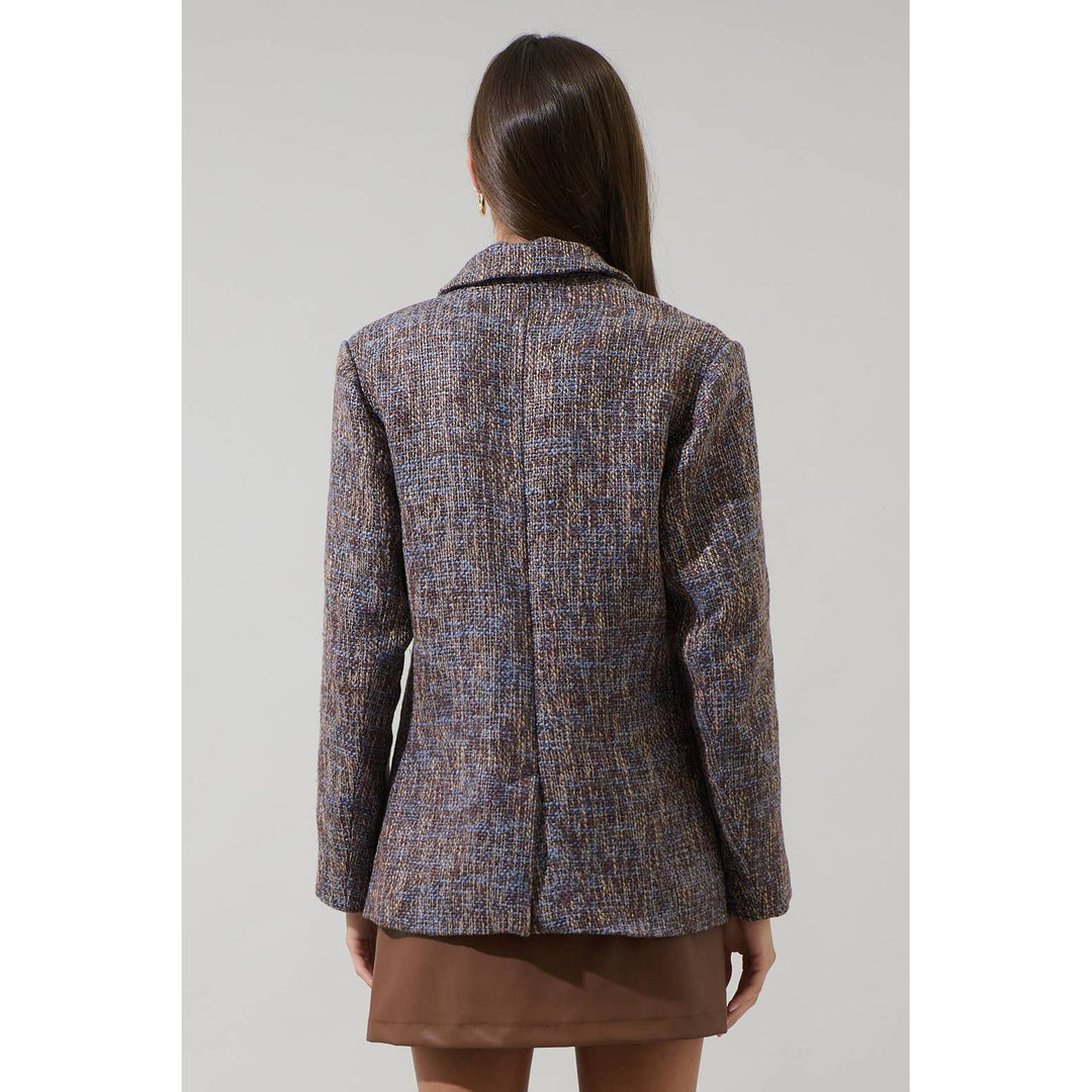 Tweed oversized blazer in muted brown and gray textured tweed with classic collar and tailored fit