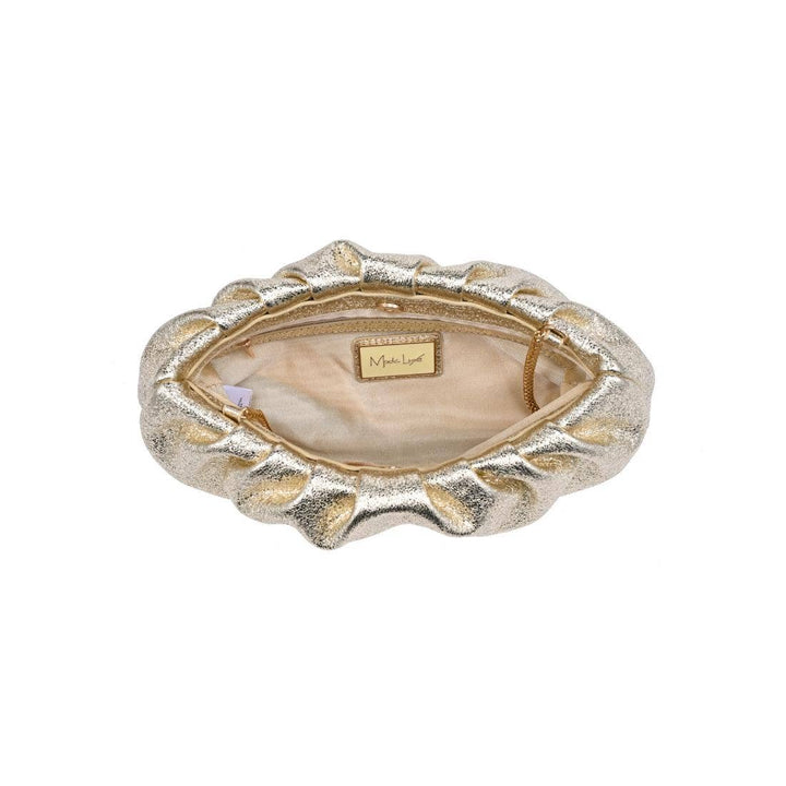 Moda Luxe Fancy Clutch gold metallic ruffled textured exterior with soft beige interior lining elegant evening bag