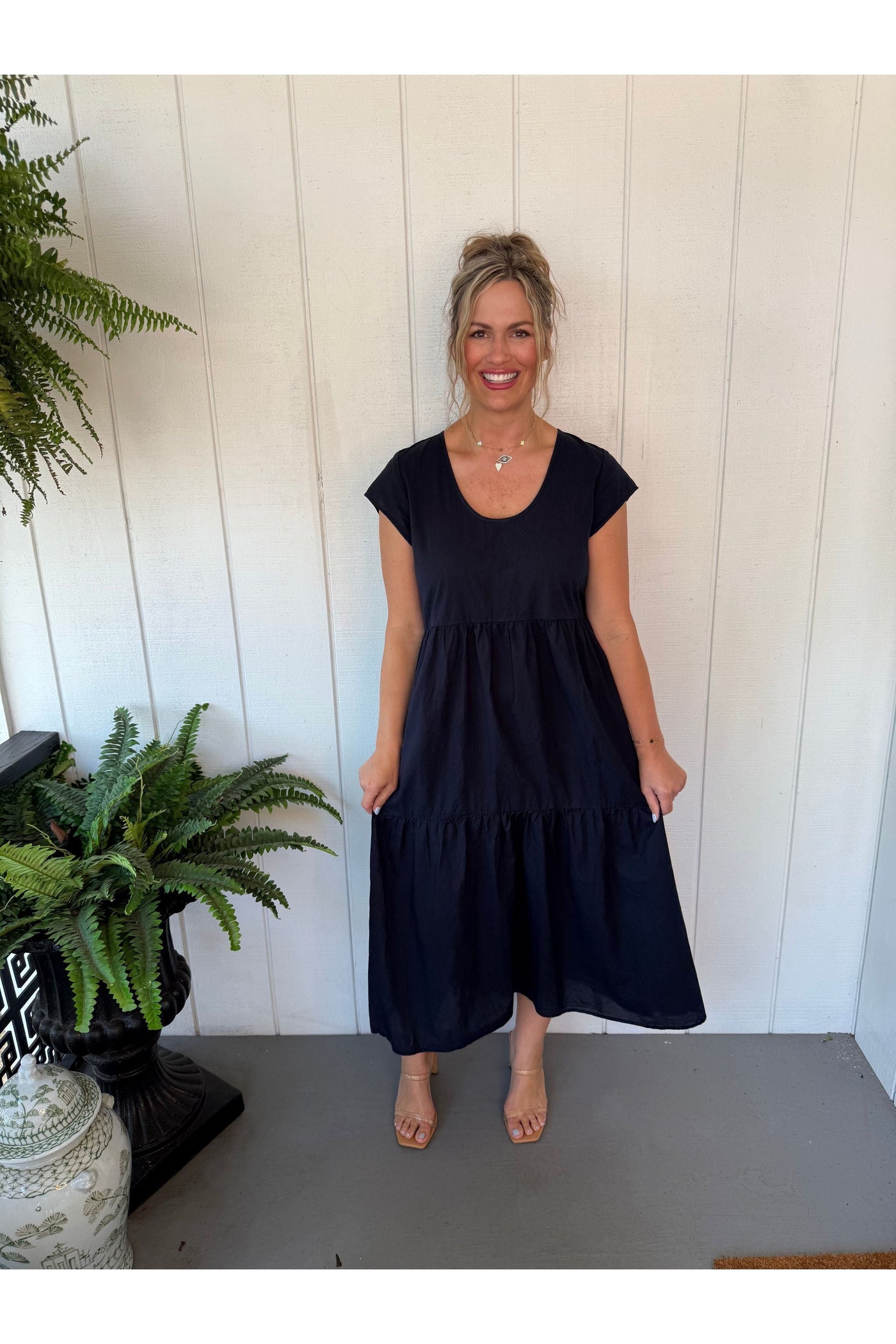 Tiered Cap Sleeve Dress Navy