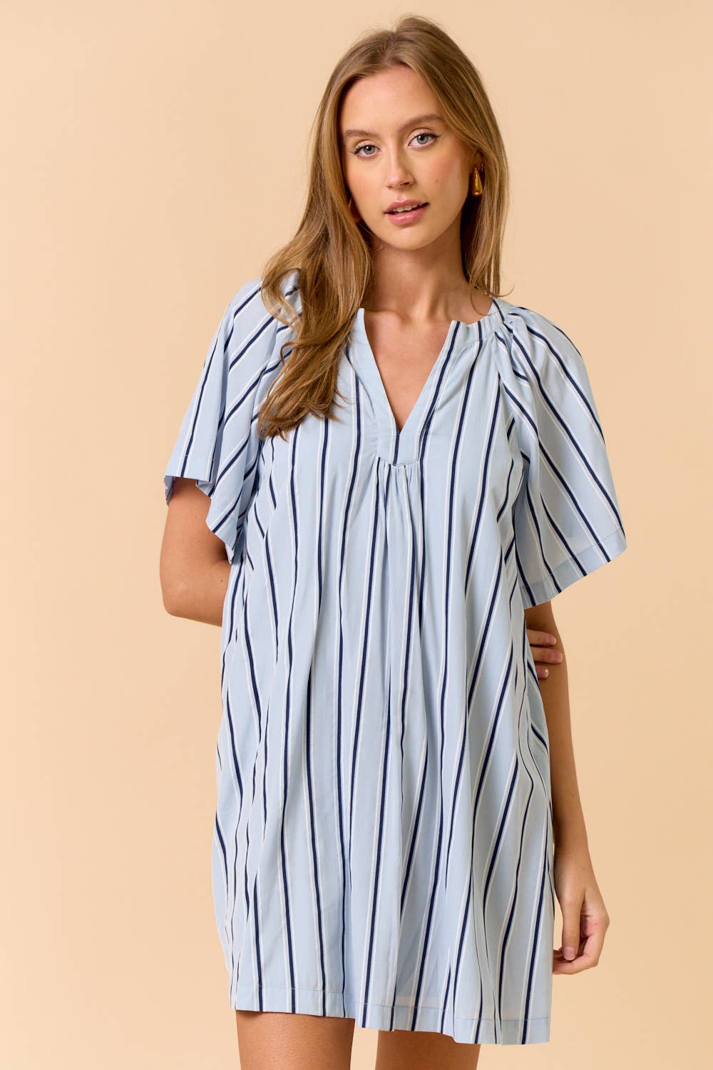 Striped Deep V-Neckline Mini Dress Light Blue