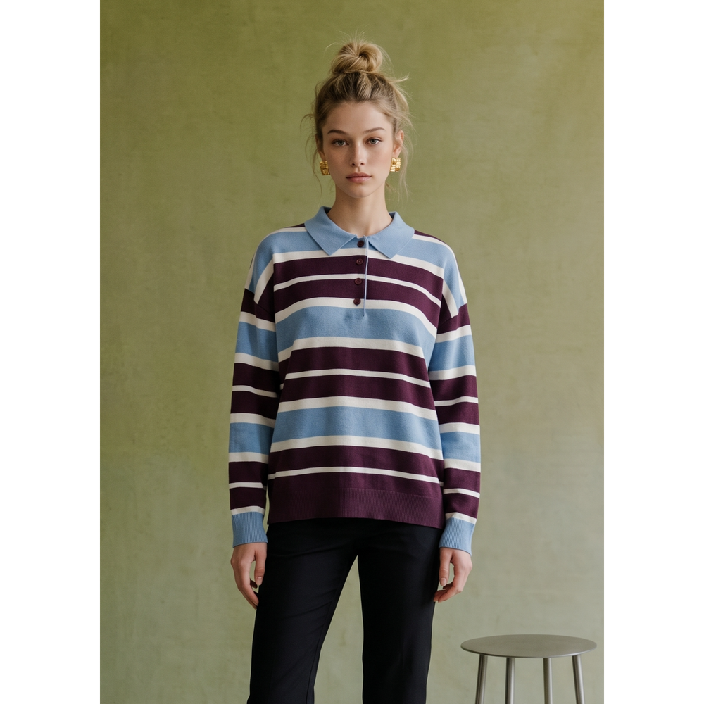 Striped polo sweater with long sleeves featuring horizontal light blue burgundy and white stripes in soft knit