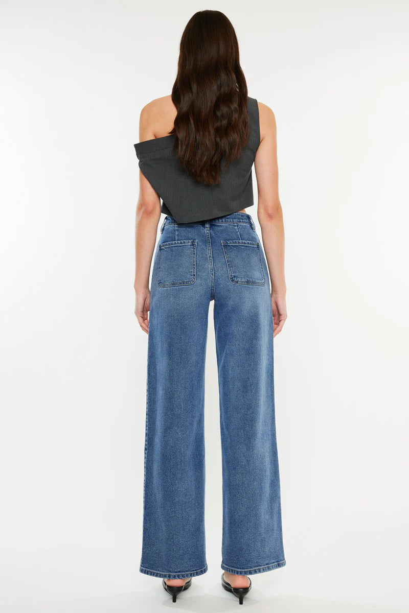 KanCan Dark Open Back High Rise Wide Leg Flare