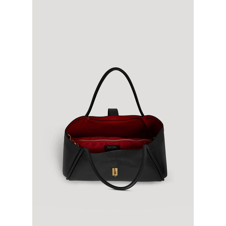 Black leather tote bag mayfair leather bag with striking red interior and gold tone hardware
