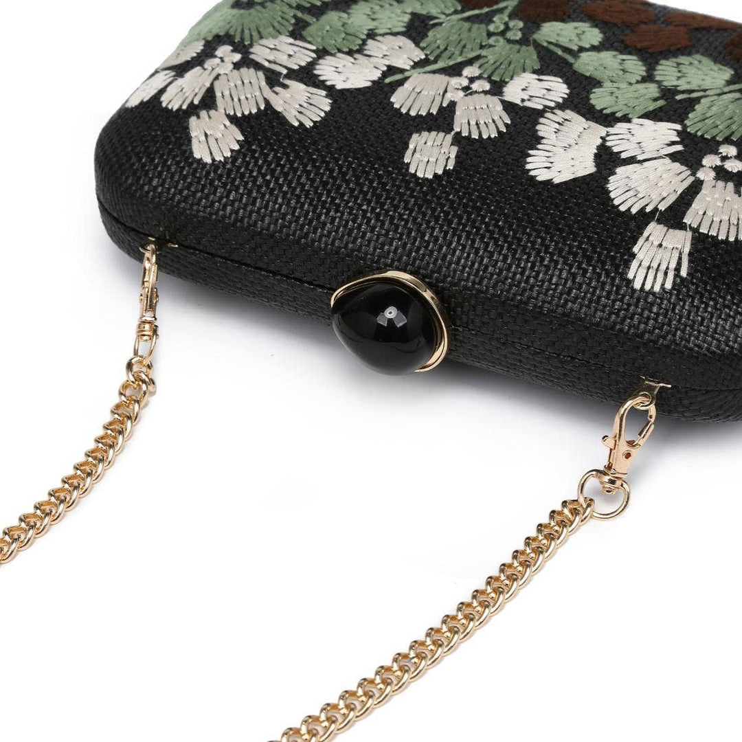 Roley evening bag black clutch with embroidered white and green floral pattern and gold chain strap closure