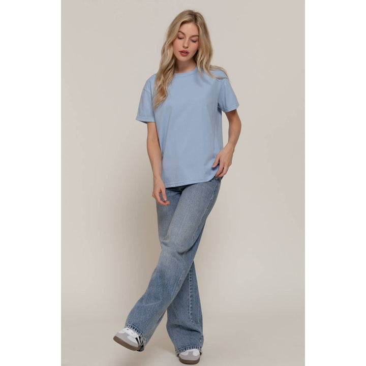 Light blue soft cotton short sleeve round neck tee with a simple neckline perfect for casual wear
