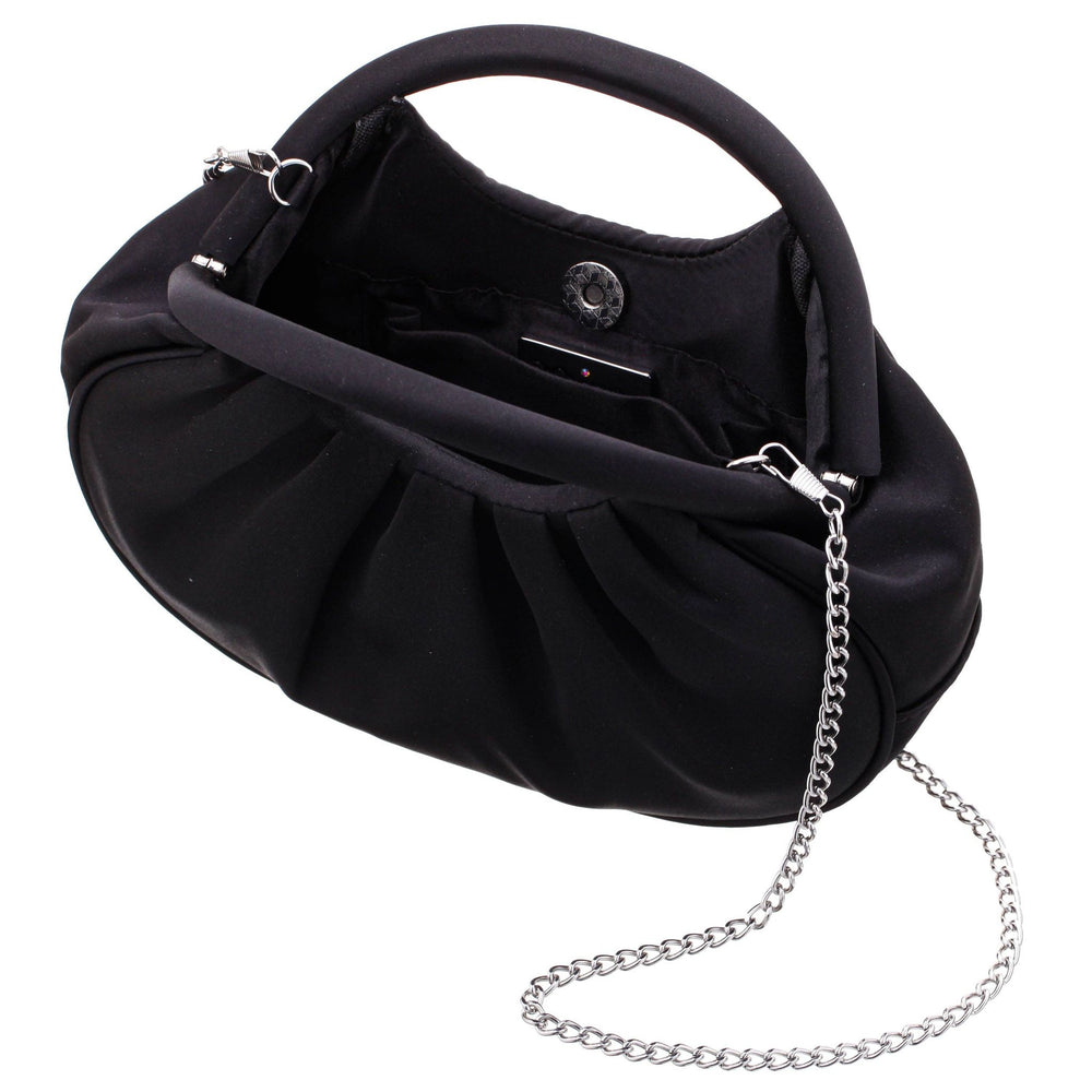 Bren evening bag black satin handbag with curved top handle and silver chain strap for elegant occasions