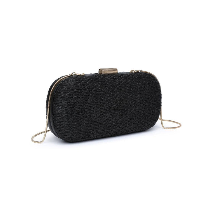 Black textured quinn evening bag clutch with gold-tone clasp and chain strap for stylish night use