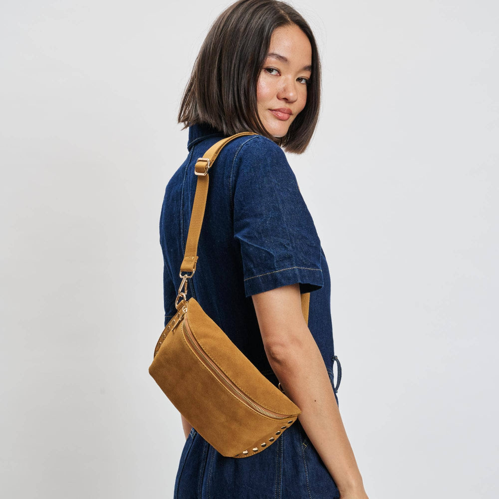 Gizelle-suede belt bag tan tan suede fanny pack with gold-tone hardware and studded trim for stylish carrying