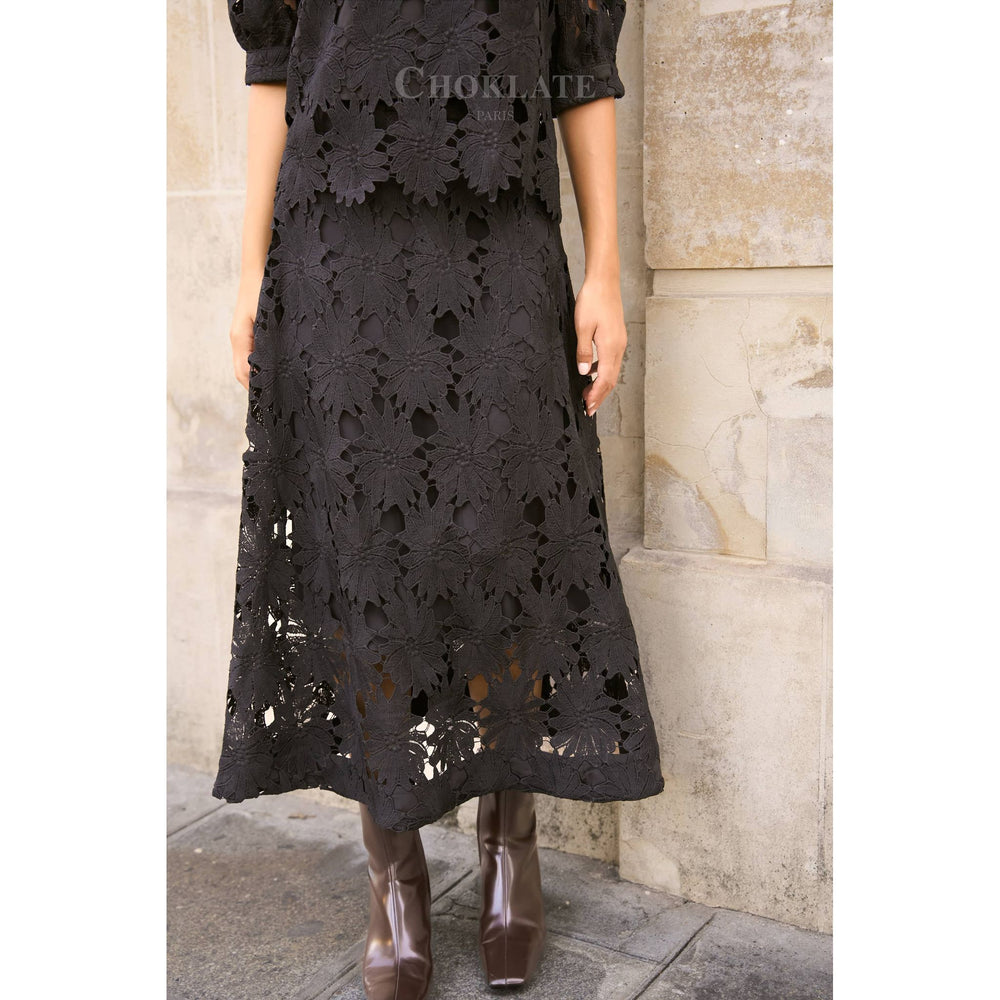 Black daisy guipure skirt midi length with floral lace cut-out patterns fitted bodice and flared hem