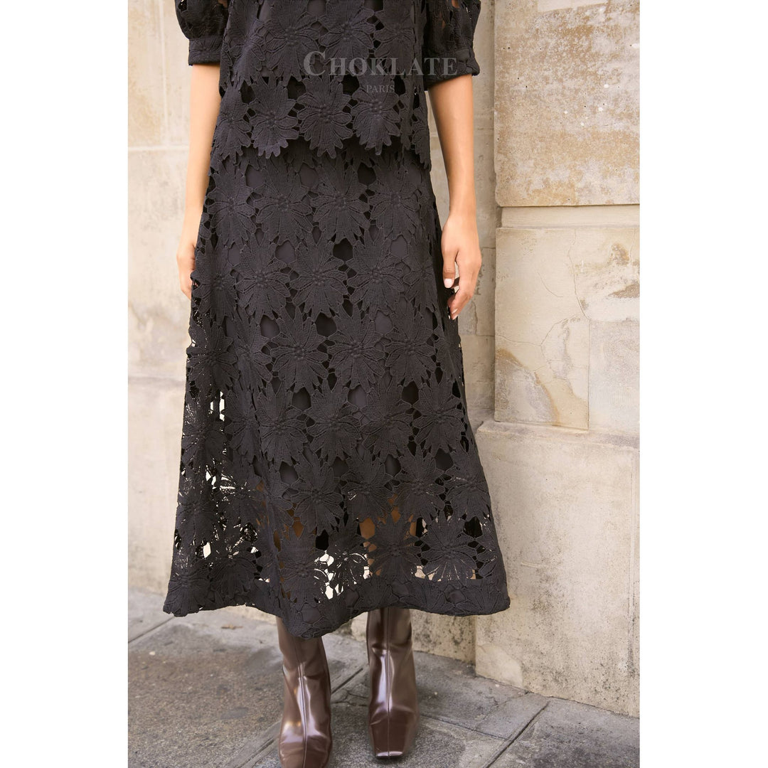 Black daisy guipure skirt midi length with floral lace cut-out patterns fitted bodice and flared hem