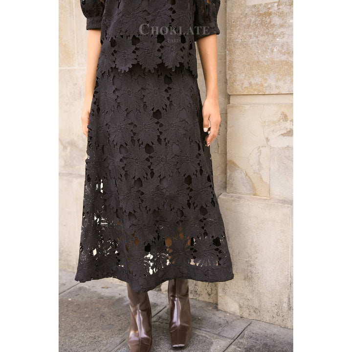 Black daisy guipure skirt midi length with floral lace cut-out patterns fitted bodice and flared hem