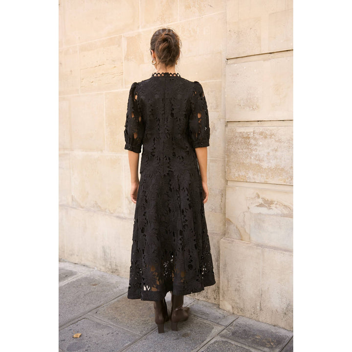 Black lace midi dress with three quarter sleeves and scalloped neckline in daisy guipure skirt style