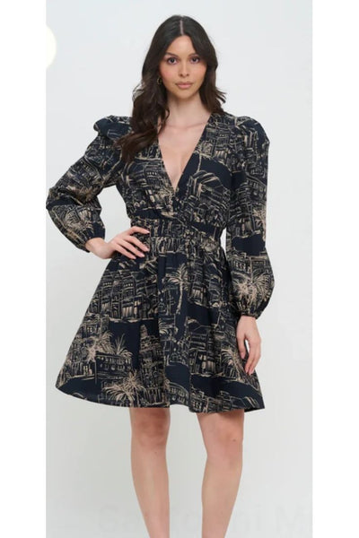 Midnight Sketch Long Sleeve Short Dress by Meet me in Santorini